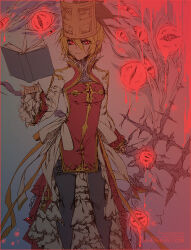Rule 34 | 1girl, adapted costume, arch bishop (ragnarok online), black thighhighs, blonde hair, blood drip, book, breasts, closed mouth, commentary, cross, crown, dress, english commentary, expressionless, extra eyes, feet out of frame, floating, floating book, floating object, hair between eyes, holding, holding staff, horror (theme), looking at viewer, open book, pointy ears, ragnarok online, red dress, red eyes, shilin, short hair, signature, sketch, slit pupils, small breasts, solo, staff, thighhighs, two-tone dress, white dress