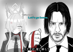 Rule 34 | 1boy, 1girl, anger vein, animal ear fluff, animal ears, blue archive, collar, collared shirt, commentary request, crossover, english text, facial hair, greyscale, hair over one eye, halo, highres, holding, holding leash, jacket, john wick, john wick (character), kanna (blue archive), kkytama0222, leash, long hair, monochrome, necktie, notched ear, open clothes, open jacket, red collar, shaded face, shirt, simple background, spot color, trembling