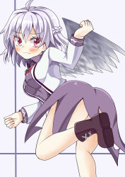 Rule 34 | 1girl, ahoge, ass, blush, boots, bow, bowtie, braid, dress, feathered wings, french braid, grey background, grey wings, jacket, keyaki chimaki, kishin sagume, long sleeves, looking back, open clothes, open jacket, pink eyes, purple dress, short dress, silver hair, single wing, solo, thighs, touhou, twisted torso, white jacket, wings