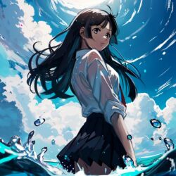 Rule 34 | 1girl, black eyes, black hair, blue sky, blunt bangs, cloud, cloudy sky, collared shirt, commentary request, floating hair, long hair, looking at viewer, necktie, parted lips, partially submerged, pleated skirt, protagonist 2 (housamo), red necktie, school uniform, shirt, skirt, sky, solo, tass commuovere, tokyo houkago summoners, upper body, water drop, wet, wet clothes, wet shirt, white shirt
