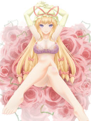 Rule 34 | 1girl, arms up, bad id, bad pixiv id, barefoot, blonde hair, bottomless, bow, bra, breasts, elbow gloves, feet, female focus, flower, gloves, hair bow, hat, highres, koibumi, lace, lace bra, large breasts, legs, crossed legs, lingerie, long hair, pink bra, purple eyes, pussy, rose, sitting, solo, thorn (ff9), thorns, touhou, uncensored, underwear, underwear only, white gloves, yakumo yukari