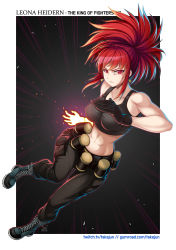 Rule 34 | 1girl, abs, black gloves, black tank top, boots, combat boots, earrings, gas can, gloves, highres, jewelry, leona heidern, muscular, muscular female, orochi leona, pants, ponytail, red eyes, red hair, snk, soldier, solo, takejun, tank top, the king of fighters, watermark, web address