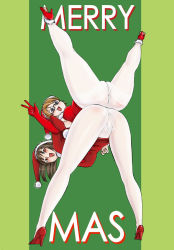 Rule 34 | 2girls, acrobatics, armpits, ass, back-to-back, blue eyes, breasts, brown hair, christmas, crotch seam, elbow gloves, glasses, gloves, gusset, legs, legs up, locked arms, long hair, medium breasts, multiple girls, open mouth, pantyhose, pussy, red eyes, red gloves, santa costume, short hair, thighband pantyhose, uraharukon, v, white legwear