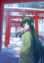 Rule 34 | 1girl, blush, brown eyes, day, earmuffs, green hair, highres, isou nagi, looking at viewer, open mouth, outdoors, real world location, scarf, scenery, smile, snow, solo, standing, torii, touhoku zunko, translation request, vocaloid, voiceroid