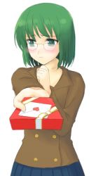Rule 34 | 1girl, atsukan, blush, gift, glasses, green eyes, green hair, heart, holding, holding gift, letter, matching hair/eyes, solo, unknown
