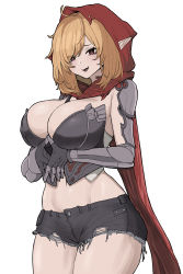 Rule 34 | 1girl, absurdres, ahoge, black shorts, blonde hair, breasts, bustier, chroong, cleavage, executive red hood arabelle, eyes visible through hair, guardian tales, highres, large breasts, looking at viewer, mechanical arms, medium hair, navel, open mouth, own hands together, pointy ears, red eyes, red hood, shorts, smile, white background