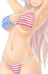 Rule 34 | 1girl, american flag bikini, american flag print, armpits, arms up, asakura sakura, bed, bikini, breasts, covered erect nipples, flag print, head out of frame, highres, large breasts, lips, long hair, navel, original, print bikini, scanlines, shiny skin, sideboob, smile, solo, string bikini, swimsuit, underboob, upper body