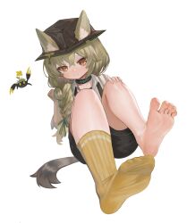 Rule 34 | 1girl, absurdres, arknights, bandeau, bare legs, barefoot, beanstalk (arknights), black bandeau, brown eyes, dokomon, ears through headwear, feet, flower, flower on head, gloves, green hairband, green ribbon, hairband, highres, hyena ears, hyena girl, hyena tail, infection monitor (arknights), looking at viewer, no shoes, ribbon, socks, soles, sweater, toes, two-tone nails, white sweater, yellow gloves, yellow socks