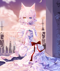Rule 34 | 1girl, absurdres, animal ears, artist name, bare shoulders, blue eyes, bow, brooch, cat ears, choker, crescent moon, dress, earrings, hair between eyes, hands up, heterochromia, highres, interlocked fingers, jewelry, moon, off-shoulder dress, off shoulder, original, outdoors, own hands together, puffy short sleeves, puffy sleeves, railing, red bow, sheya, short hair, short sleeves, signature, silver hair, sitting, solo, white choker, white dress, yellow eyes