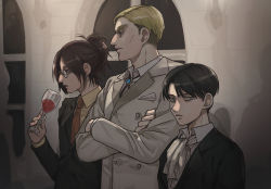Rule 34 | 1girl, 2boys, ascot, bad id, bad pixiv id, black hair, blonde hair, blue eyes, brown eyes, brown hair, collared shirt, cup, drinking glass, erwin smith, formal, glasses, grey eyes, hange zoe, height difference, highres, jacket, levi (shingeki no kyojin), looking at viewer, looking to the side, medium hair, multiple boys, necktie, pant suit, pants, pi0w0pi, ponytail, shingeki no kyojin, shirt, short hair, suit, tuxedo, undercut, wine glass