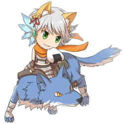 Rule 34 | 1boy, alternate color, animal ears, bell, belt, blue wings, brown belt, brown gloves, cat ears, chibi, commentary request, crop top, fingerless gloves, food, full body, gloves, green eyes, grey hair, grey shirt, grey shorts, grin, hair bell, hair ornament, hair ribbon, head wings, holding, holding food, jingle bell, looking afar, looking to the side, natsuya (kuttuki), onigiri, orange scarf, ragnarok online, ranger (ragnarok online), red ribbon, ribbon, riding, scarf, shirt, short hair, shorts, simple background, sleeveless, sleeveless shirt, smile, solo, two-tone wings, white background, wings
