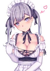 Rule 34 | 1girl, bad id, bad pixiv id, bare shoulders, black collar, black ribbon, blush, breasts, cleavage, closed mouth, collar, collarbone, commentary request, detached collar, dress, elbow gloves, gloves, hair ribbon, head tilt, heart, highres, large breasts, long hair, maid headdress, neck ribbon, original, puffy short sleeves, puffy sleeves, purple eyes, purple hair, ribbon, ryuinu, short sleeves, solo, twintails, upper body, white dress, white gloves, wing collar