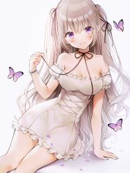 Rule 34 | 1girl, arm support, bad id, bad pixiv id, bare shoulders, black ribbon, blue butterfly, blush, breasts, bug, butterfly, choker, cleavage, collarbone, commentary, detached sleeves, dress, frilled dress, frilled sleeves, frills, grey hair, hair ribbon, hand up, highres, insect, long hair, looking at viewer, medium breasts, off shoulder, original, petals, pink butterfly, pink ribbon, purple eyes, revision, ribbon, ribbon choker, short sleeves, simple background, sitting, sleeveless, sleeveless dress, smile, solo, strapless, strapless dress, twintails, weri, white background, white dress