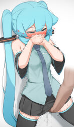 Rule 34 | 1girl, abmayo, absurdres, blue eyes, blue hair, blue necktie, blush, covered mouth, embarrassed, fingering, hand under clothes, hand under skirt, hatsune miku, highres, long hair, looking at viewer, male hand, necktie, paid reward, shirt, skirt, thighhighs, vocaloid