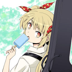 Rule 34 | 1girl, blonde hair, brown eyes, character request, guitar case, hair ribbon, haniwa (leaf garden), instrument case, long hair, looking back, open mouth, popsicle, ribbon, solo, twintails