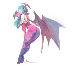 Rule 34 | 1girl, absurdres, animal print, aqua hair, ass, backless outfit, bat print, boots, breasts, cleavage, demon girl, full body, hand on own thigh, hand on thigh, head wings, high heel boots, high heels, highres, large breasts, leaning forward, leotard, looking at viewer, morrigan aensland, pantyhose, print pantyhose, simple background, solo, thighs, vampire (game), watermark, web address, white background, wings, xaxaxa