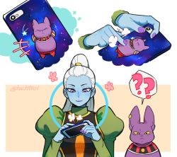 Rule 34 | +++, 10s, 1boy, 1girl, puff of air, ?, ??, black eyes, cellphone, champa (dragon ball), dragon ball, dragon ball super, earrings, expressionless, eyelashes, fingernails, flower, jewelry, long hair, long sleeves, looking at another, night, night sky, phone, pink background, ponytail, purple eyes, simple background, sky, smartphone, smartphone case, smile, speech bubble, star (sky), star (symbol), starry sky, twitter username, vados (dragon ball), white hair
