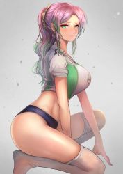 Rule 34 | 1girl, ass, breasts, closed mouth, earrings, green eyes, green hair, hair ornament, hair scrunchie, heart, heart earrings, highres, jewelry, large breasts, long hair, midriff, multicolored hair, multicolored shirt, ohako (ohako1818), on one knee, original, pink hair, scrunchie, shirt, short sleeves, sidelocks, solo, thighhighs, thighs, white thighhighs