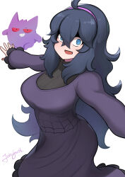 Rule 34 | 1girl, 1other, @ @, absurdly long hair, ahoge, black hair, colored sclera, crazy eyes, creatures (company), dress, game freak, gen 1 pokemon, gengar, grin, hair between eyes, hairband, hex maniac (pokemon), highres, john (a2556349), long hair, long sleeves, looking at viewer, messy hair, nintendo, open mouth, pokemon, pokemon (creature), pokemon xy, purple hairband, red sclera, signature, simple background, smile, turtleneck, very long hair, white background