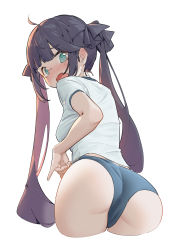 Rule 34 | 1girl, absurdres, ahoge, ass, black hair, blush, breasts, cropped legs, from behind, genshin impact, green eyes, highres, long hair, looking at viewer, looking back, mona (genshin impact), nijiko uro, open mouth, shirt, short sleeves, simple background, solo, tearing up, twintails, very long hair, white background, white shirt