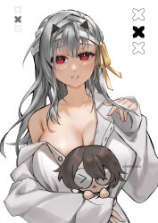 Rule 34 | 1girl, absurdres, artist name, bandaged head, bandages, bare shoulders, breasts, chibi, cleavage, collared shirt, commander (nikke), goddess of victory: nikke, grey hair, grin, highres, large breasts, light blush, long hair, looking at viewer, modernia (first affection) (nikke), modernia (nikke), off-shoulder shirt, off shoulder, official alternate costume, open clothes, open shirt, panda bunyi, red eyes, shirt, sidelocks, smile, white background, white shirt