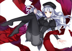 Rule 34 | 1girl, caren hortensia, fate/hollow ataraxia, fate (series), hat, highres, layered sleeves, long hair, pantyhose, simple background, solo, white hair, ycco (estrella), yellow eyes