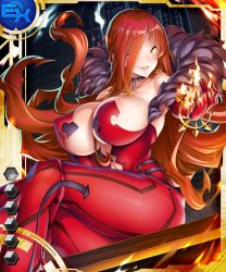 Rule 34 | 1girl, ass, astaroth (taimanin asagi), bare shoulders, breasts, card (ex-blue), card (medium), cleavage, curvy, dress, female focus, fire, grin, huge ass, huge breasts, large breasts, lilith-soft, long hair, looking at viewer, magic, no bra, potion (moudamepo), red hair, shiny skin, sideboob, sitting, smile, solo, taimanin (series), taimanin asagi, taimanin asagi battle arena all card gallery, taimanin asagi kessen arena, thick thighs, thighs, yellow eyes