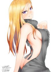 Rule 34 | 1girl, 2018, absurdres, artist name, ass, backless outfit, bare arms, blonde hair, breasts, butt crack, dated, gradient hair, grey sweater, grin, hair between eyes, highres, long hair, looking at viewer, medium breasts, meme attire, multicolored hair, original, purple eyes, sideboob, simple background, sketch, smile, solo, straight hair, sweater, turtleneck, turtleneck sweater, viktorf, virgin killer sweater, white background