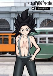 Rule 34 | black hair, blush, bus, caulifla, dragon ball, dragon ball super, euphoria-xox, hand on own hip, highres, looking at viewer, motor vehicle, outdoors, overalls, sky, smile, spiked hair, tomboy, tram