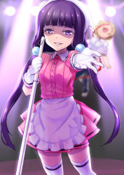 Rule 34 | 1000, 1girl, apron, blend s, blunt bangs, broom, collared shirt, cowboy shot, dress shirt, floating hair, gloves, grin, highres, holding, holding broom, long hair, looking at viewer, miniskirt, pink shirt, pink skirt, pleated skirt, purple eyes, purple hair, sakuranomiya maika, shaded face, shirt, short sleeves, skirt, smile, solo, standing, thighhighs, twintails, very long hair, waist apron, white apron, white gloves, white thighhighs, wing collar, zettai ryouiki