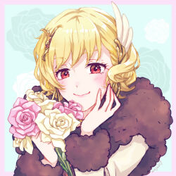 Rule 34 | 1girl, blonde hair, bouquet, citrinne (fire emblem), closed mouth, earrings, feather hair ornament, feathers, fire emblem, fire emblem engage, flower, fur trim, hair ornament, hand on own face, holding, holding bouquet, hoop earrings, jewelry, mojakkoro, nintendo, official alternate costume, red eyes, smile, solo, upper body
