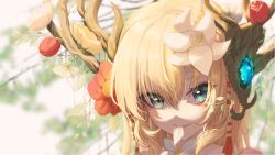 Rule 34 | 1girl, absurdres, antlers, artist name, blonde hair, blurry, blurry background, commentary, english commentary, flower, green eyes, hair between eyes, hair flower, hair ornament, highres, horns, leegh19769, long hair, looking at viewer, maplestory, mouth hold, parted lips, petals, petals in mouth, portrait, red flower, solo, white flower