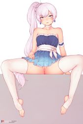 Rule 34 | 1girl, :d, absurdres, arm garter, ass, bare shoulders, blue dress, blue eyes, bluefield, blush, choker, cleft of venus, clothes lift, crown, dress, dress lift, earrings, feet, female focus, highres, jewelry, long hair, looking at viewer, no panties, one eye closed, open mouth, pleated dress, purple hair, pussy, pussy peek, rwby, short dress, side ponytail, simple background, sitting, smile, solo, spread legs, stirrup legwear, strapless, strapless dress, sweat, thighhighs, toeless legwear, uncensored, very long hair, weiss schnee, white thighhighs