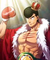 Rule 34 | 1boy, black eyes, black hair, boxing gloves, cape, championship belt, closed mouth, commentary request, crown, gradient background, hajime no ippo, hand up, jin akhr, lens flare, looking at viewer, male focus, muscular, muscular male, red cape, scar, scar on chest, short hair, smile, solo, spotlight, takamura mamoru, thick eyebrows, tilted headwear
