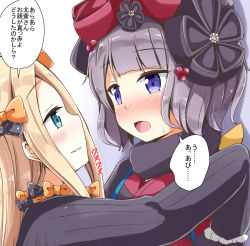 Rule 34 | 2girls, abigail williams (fate), aikawa ryou, black bow, black dress, blonde hair, blunt bangs, blush, bow, commentary request, dress, eye contact, fate/grand order, fate (series), gradient background, green eyes, grey background, hair bow, hair ornament, hand on another&#039;s shoulder, katsushika hokusai (fate), long hair, long sleeves, looking at another, multiple girls, nose blush, open mouth, orange bow, parted bangs, parted lips, polka dot, polka dot bow, profile, purple eyes, purple hair, sleeves past fingers, sleeves past wrists, smile, sweat, white background, yuri