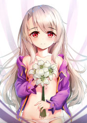 Rule 34 | 1girl, areola slip, asymmetrical bangs, bad id, bad pixiv id, bare shoulders, blonde hair, blush, breasts, closed mouth, collarbone, commentary request, dot nose, fate/kaleid liner prisma illya, fate (series), flower, groin, holding, holding flower, illyasviel von einzbern, jacket, long hair, long sleeves, looking at viewer, nipples, off shoulder, open clothes, open jacket, panties, pink jacket, red eyes, small breasts, smile, solo, striped, underwear, upper body, white flower, white panties, yan (nicknikg)