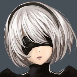 Rule 34 | 1girl, artist name, bad id, bad pixiv id, black hairband, covered eyes, grey background, hairband, lucky keai, mole, mole under mouth, nier (series), nier:automata, open mouth, portrait, short hair, silver hair, simple background, solo, 2b (nier:automata)