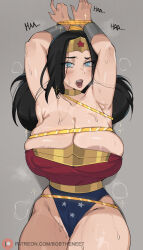 Rule 34 | 1girl, areola slip, armpits, arms up, bdsm, black hair, blue eyes, blush, bob (bobtheneet), bondage, bound, bound wrists, breasts, choker, cleavage, dc comics, grey background, highres, huge breasts, leotard, lips, long hair, looking at viewer, lying, narrow waist, on back, open mouth, rope, simple background, solo, strapless, strapless leotard, superhero costume, sweat, tiara, tied up (nonsexual), wonder woman, wonder woman (series)