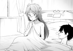 Rule 34 | 1boy, 1girl, bed, blanket, condom, condom wrapper, greyscale, hangover, indoors, long hair, monochrome, nervous, nude, on bed, princess connect!, squeans, sleeping, sleeping bag, smile, sweat, trembling, used condom, very sweaty, waking up, window, yue (show-ei), yukari (princess connect!), yukari (real) (princess connect!), yuuki (princess connect!)