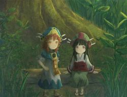 Rule 34 | 10s, 2girls, black hair, brown eyes, brown hair, closed mouth, commentary, day, grass, green skirt, hakumei (hakumei to mikochi), hakumei to mikochi, hand on own hip, hat, hikari niji, japanese clothes, kimono, long hair, long sleeves, mikochi (hakumei to mikochi), mini person, minigirl, multicolored clothes, multicolored headwear, multiple girls, outdoors, puffy short sleeves, puffy sleeves, robe, short kimono, short sleeves, sitting, skirt, smile, standing, thick eyebrows, tree, very long hair, white kimono, white robe, wide sleeves
