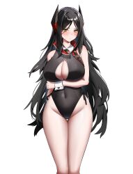 Rule 34 | 1girl, absurdres, arknights, arm under breasts, black hair, black leotard, black necktie, blush, breasts, cleavage, cleavage cutout, clothing cutout, covered navel, detached collar, dishui tangni, groin, highleg, highleg leotard, highres, horns, ines (arknights), large breasts, leotard, long hair, looking at viewer, mole, mole under eye, necktie, parted lips, playboy bunny, simple background, solo, symbol-shaped pupils, very long hair, white background, wrist cuffs, yellow eyes