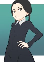 Rule 34 | 1girl, 4066, addams family, animification, black dress, black eyes, black hair, braid, child, collar, dress, expressionless, eyebrows, female focus, flat chest, goth fashion, hand on own hip, looking at viewer, looking down, navel, pale skin, simple background, solo, wednesday addams