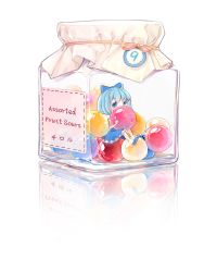 Rule 34 | 1girl, absurdres, ahoge, blue eyes, blue hair, bow, candy, cirno, dress, food, hair bow, highres, in container, jar, matching hair/eyes, mini person, minigirl, reflection, reflective floor, simple background, sitting, solo, touhou, tsukimiya kamiko