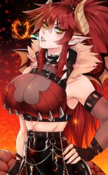 Rule 34 | 1girl, absurdres, breasts, breath weapon, breathing fire, cleavage, dragon girl, dragon horns, dragon tail, dragon wings, fingerless gloves, fingernails, fire, gloves, heart, highres, horns, huge breasts, long fingernails, looking at viewer, midriff, nail polish, pointy ears, ponytail, raelhungry, red hair, red nails, solo, tail, virtual youtuber, vshojo, wings, yellow eyes, zentreya