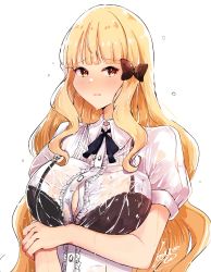 Rule 34 | 1girl, black bow, blonde hair, blunt bangs, blush, bow, breasts, casual, hair bow, highres, keinesandayoooo, large breasts, long hair, looking at viewer, open mouth, princess connect!, ribbon, saren (real) (princess connect!), see-through, see-through shirt, skirt, solo, white background, yellow eyes