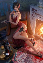 Rule 34 | 1girl, ada wong, alcohol, black hair, blood, bottle, breasts, brown eyes, choker, cleavage, commentary, cup, dress, drinking glass, embers, english commentary, fan yang (jiuge), fireplace, gun, handgun, high heels, highres, holding, holding gun, holding vial, holding weapon, holster, large breasts, looking at viewer, parted bangs, red dress, resident evil, resident evil 4, resident evil 4 (remake), short hair, side slit, smile, solo, thigh holster, vial, weapon, window, wine bottle, wine glass