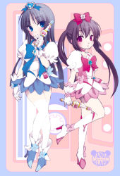 Rule 34 | 2girls, akiyama mio, black hair, blue eyes, blue skirt, boots, brooch, cosplay, cure blossom, cure blossom (cosplay), cure marine, cure marine (cosplay), heart, heart brooch, heartcatch precure!, jewelry, k-on!, knee boots, long hair, magical girl, multiple girls, naa, nakano azusa, precure, red eyes, skirt, thighhighs, twintails, wand