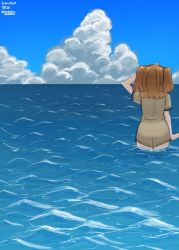 Rule 34 | 1girl, blue sky, bobokuboboku, brown jacket, character name, cloud, commentary request, dated, day, from behind, highres, i-26 (kancolle), jacket, kantai collection, light brown hair, long hair, ocean, one-hour drawing challenge, outdoors, short sleeves, sky, solo, twitter username, two side up, water