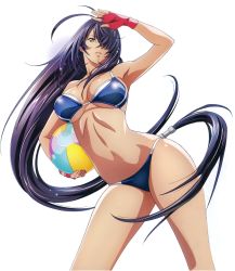 Rule 34 | 00s, 1girl, absurdres, arm up, artist request, ball, beachball, bikini, black eyes, black hair, blue eyes, breasts, carrying, carrying under arm, cleavage, contrapposto, cowboy shot, curvy, female focus, fingerless gloves, floating hair, gloves, highres, ikkitousen, kan&#039;u unchou, large breasts, long hair, looking at viewer, low-tied long hair, low ponytail, navel, parted lips, purple hair, scan, simple background, solo, standing, swimsuit, very long hair, white background, wide hips