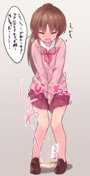 Rule 34 | 1girl, bad id, bad pixiv id, between legs, blush, bow, bowtie, brown footwear, brown hair, embarrassed, female focus, flat chest, full body, hand between legs, have to pee, heart, japanese text, knees together feet apart, long hair, long sleeves, miniskirt, open mouth, own hands together, pee, peeing, peeing self, pink sweater, pleated skirt, ponytail, puddle, purple skirt, red bow, red bowtie, saki, saki (manga), saki achiga-hen, school uniform, shirt, shoes, skirt, solo, speech bubble, standing, sweater, takakamo shizuno, talking, tears, text focus, translated, trembling, v arms, wet, wet clothes, white shirt, yoi naosuke